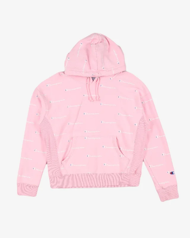 Vintage Champion all over script print hoodie - M Cotton Hoodie Fleece Lining Warmth Vintage Champion all over script print hoodie - M Cotton Hoodie Fleece Lining Warmth