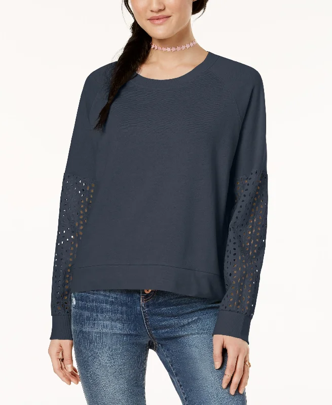 Hippie Rose Juniors Eyelet Contrast Sweatshirt Hoodie with Crew Neck Simple Timeless Hippie Rose Juniors Eyelet Contrast Sweatshirt Hoodie with Crew Neck Simple Timeless