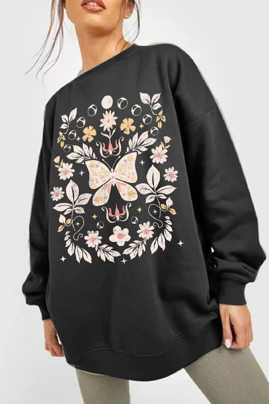 Full Size Flower and Butterfly Graphic Sweatshirt Hoodie with Batwing Sleeves Loose Dramatic Full Size Flower and Butterfly Graphic Sweatshirt Hoodie with Batwing Sleeves Loose Dramatic