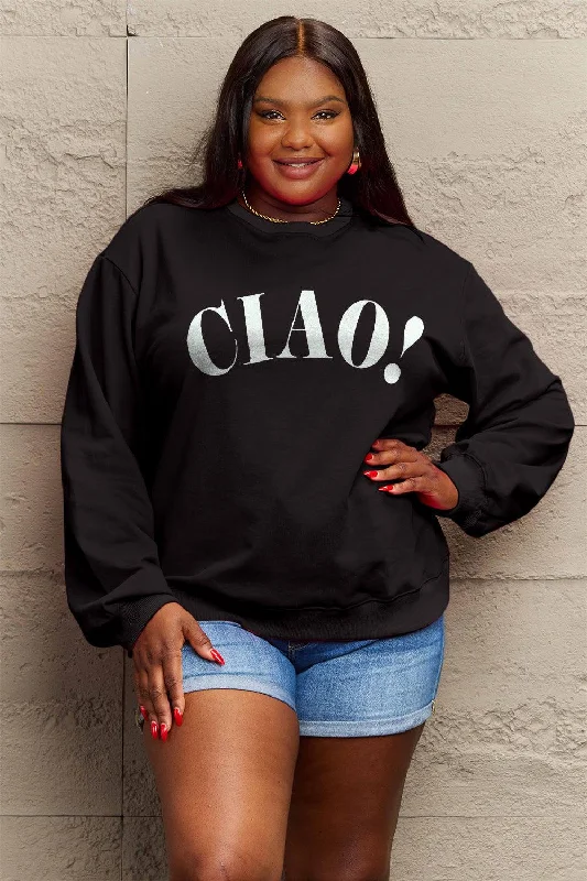 Simply Love Full Size CIAO!Round Neck Sweatshirt Hoodie with Exposed Zipper Edgy Industrial Simply Love Full Size CIAO!Round Neck Sweatshirt Hoodie with Exposed Zipper Edgy Industrial
