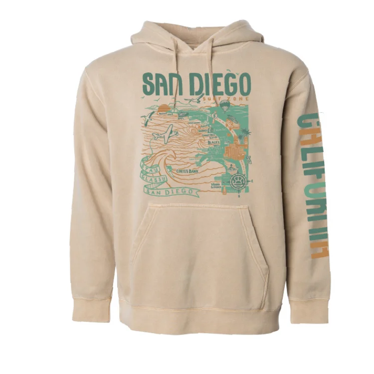 SunDiego Map Hoodie - Pigment Sandstone/Dark Teal/Turquoise/Rust Hoodie with Raw Hem Edgy Unfinished SunDiego Map Hoodie - Pigment Sandstone/Dark Teal/Turquoise/Rust Hoodie with Raw Hem Edgy Unfinished