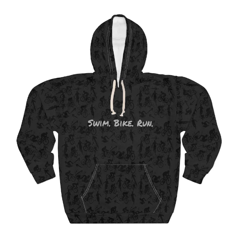 Swim Bike Run on Custom Triathlon Grudge Shadow Pattern Hoodie - Unisex Hoodie with Hem Detail Decorative Unique Swim Bike Run on Custom Triathlon Grudge Shadow Pattern Hoodie - Unisex Hoodie with Hem Detail Decorative Unique