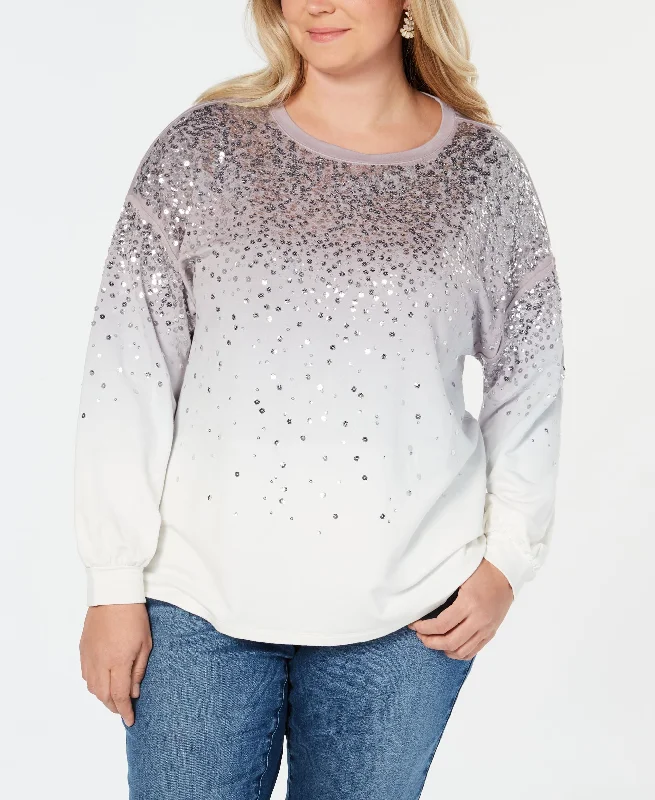 I.N.C. Plus Size Sequined Dip-Dye Sweatshirt Hoodie with Hem Applique Textured Unique I.N.C. Plus Size Sequined Dip-Dye Sweatshirt Hoodie with Hem Applique Textured Unique