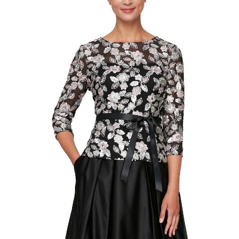 Alex Evenings Womens Sequin Floral Blouse Pleated Collar Blouse