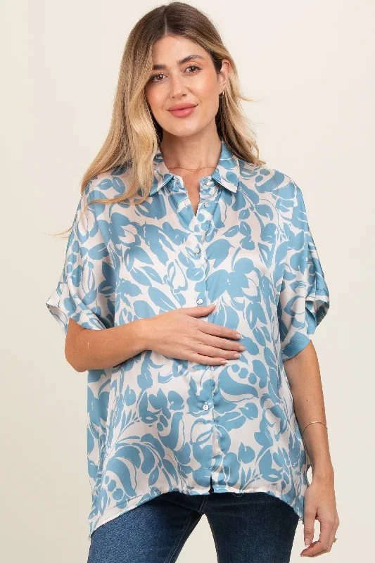 Aqua Floral Button Down Maternity Blouse Boho Chic Blouse