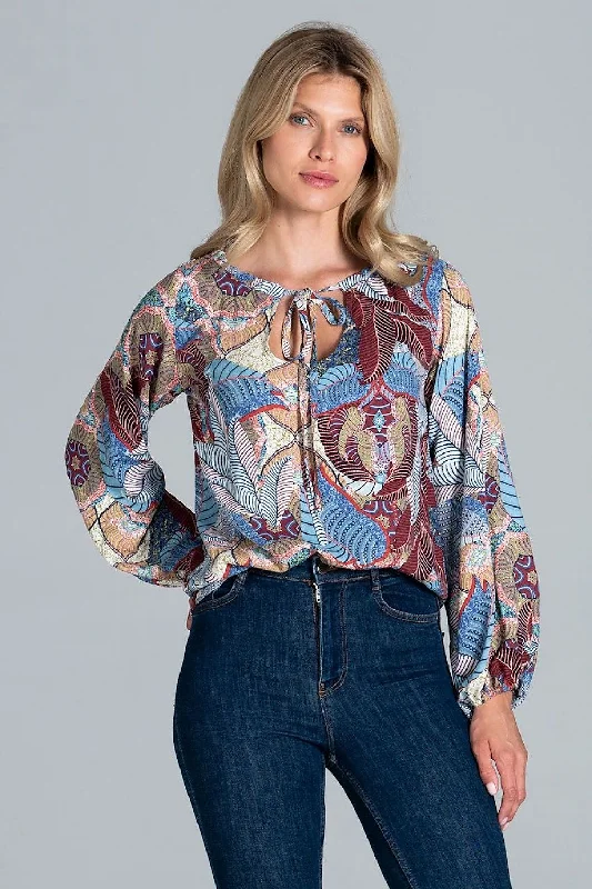 Blouse Half-Round Neckline Tied With A String Figl Sheer Sleeve Blouse