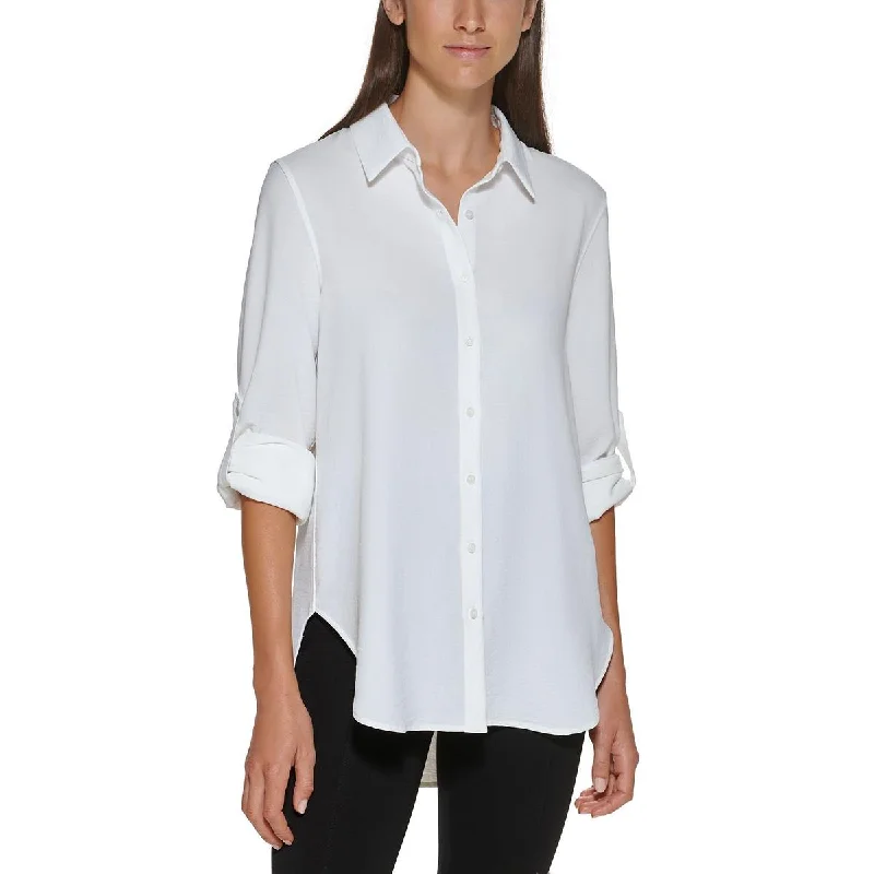 Calvin Klein Womens Button Front Collared Blouse Side Tie Blouse