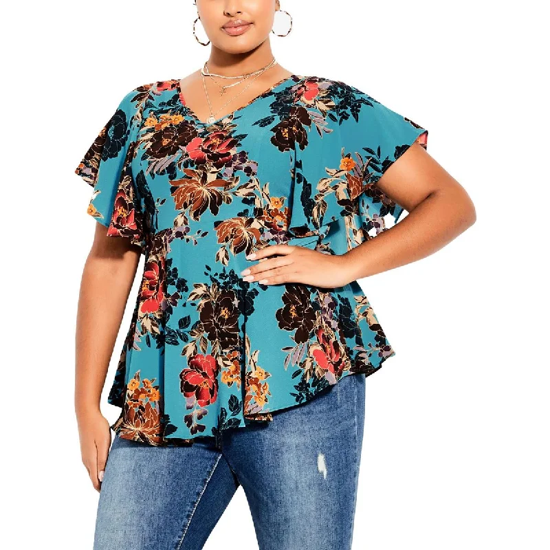 City Chic Womens Adrianna Floral Print Textured Blouse Pleated Collar Blouse