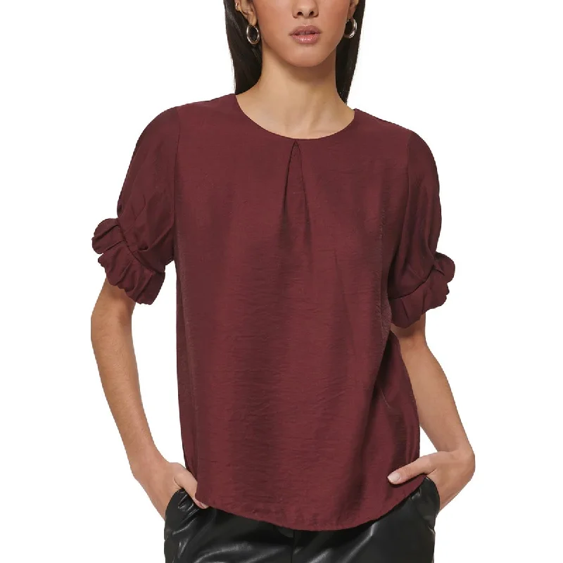 DKNY Womens Crinkle Puff Sleeves Blouse Asymmetric Hem Blouse