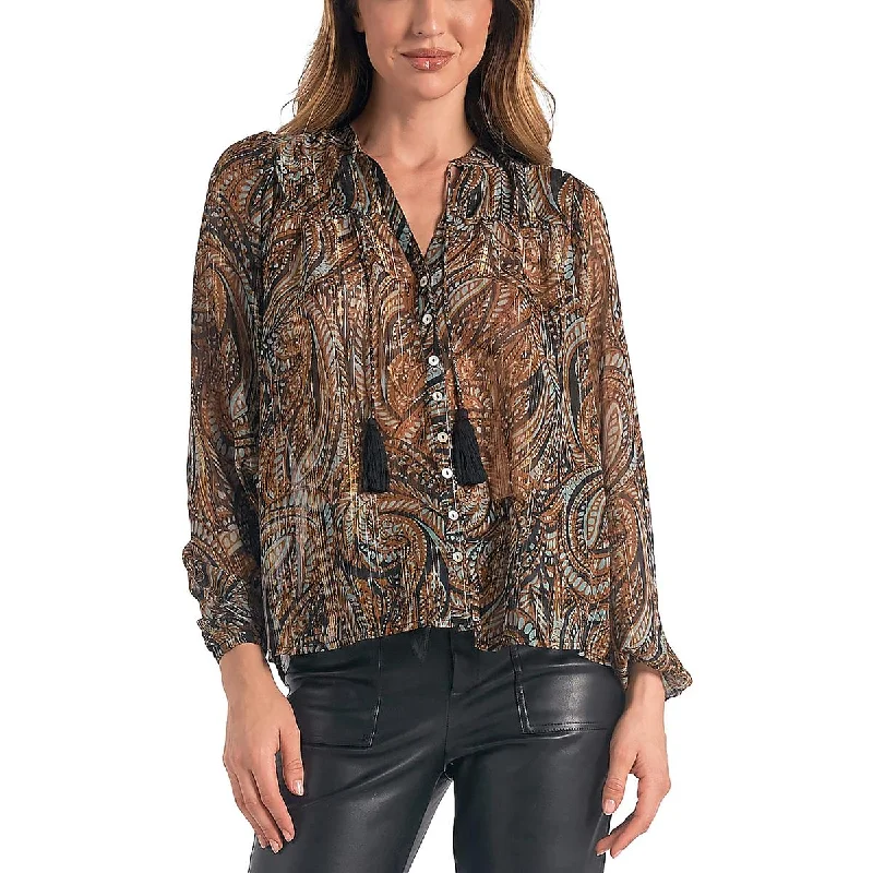 Elan Womens Metallic Paisley Blouse Peter Pan Blouse