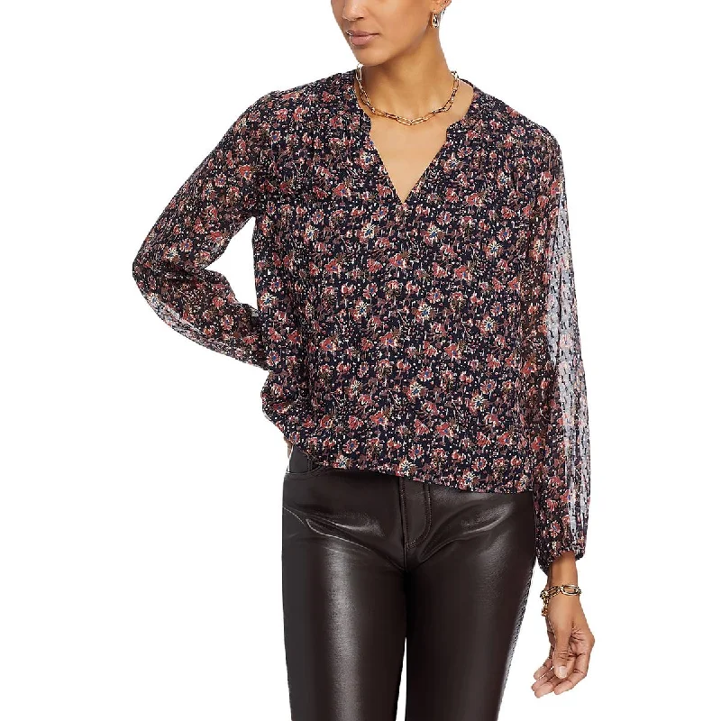 Faherty Womens Silk Metallic Blouse Floral Chiffon Blouse