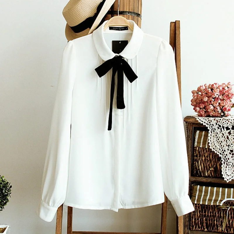 Fashion Women Elegant Bow Tie White Blouses Chiffon Casual Shirt Office Ladies Tops School Blusas Female Clothing new Office Formal Blouse