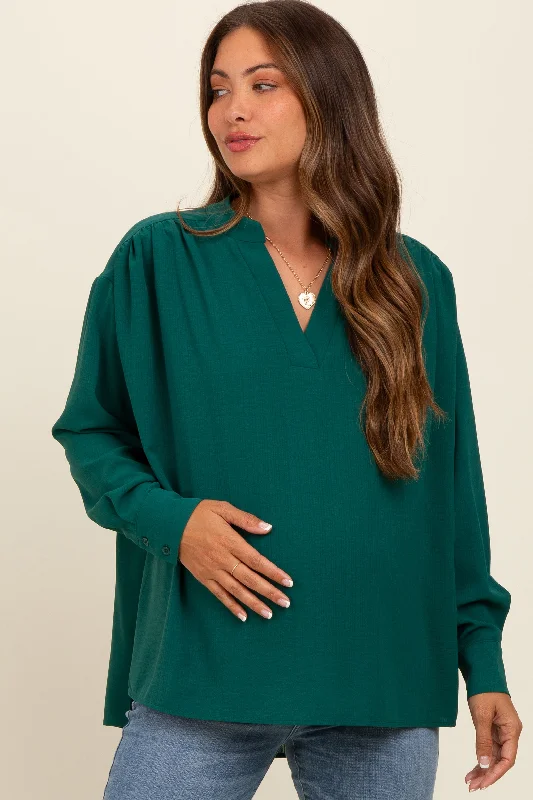 Forest Green V-Neck Maternity Oversized Blouse Feminine Pastel Blouse