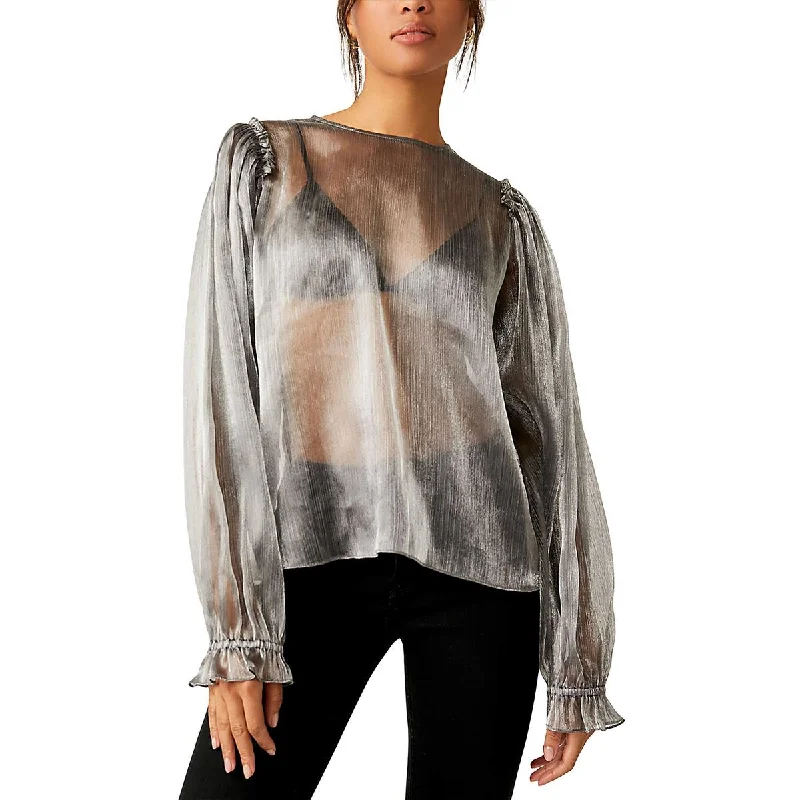 Free People Womens Freya Frost Metallic Sheer Blouse Floral Chiffon Blouse