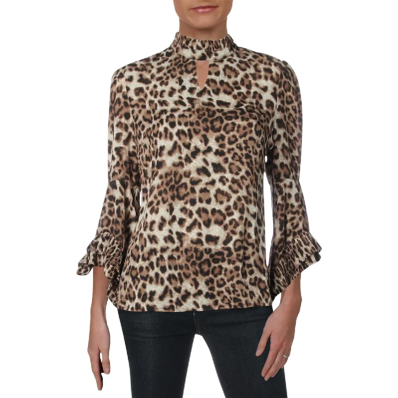 Gracia Womens Animal Print Mock Neck Blouse Soft Pastel Blouse