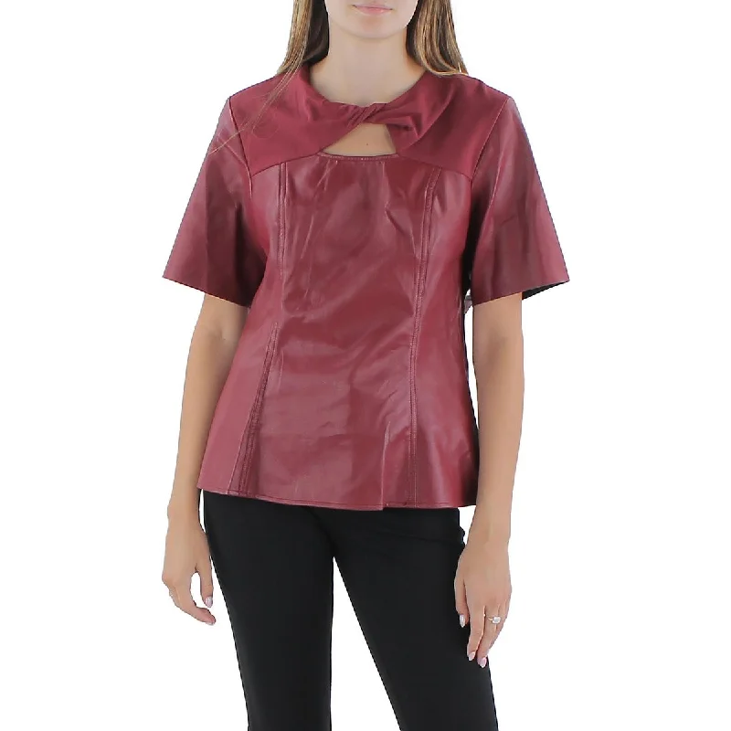 Gracia Womens Faux Leather Twist Front Blouse Satin Bow Blouse