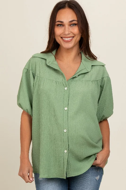 Green Collared Button Down Maternity Blouse Lightweight Chiffon Blouse