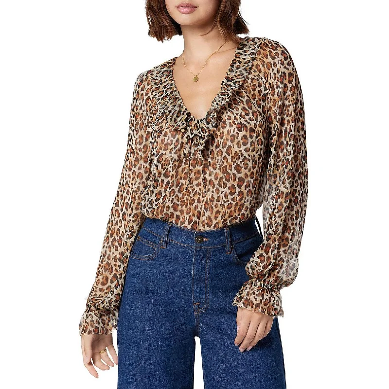 Joie Womens Vernon Silk Leopard Print Blouse Bell Sleeve Blouse