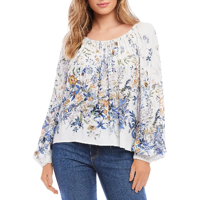 Karen Kane Womens Floral Print Pleated Blouse Lightweight Linen Blouse