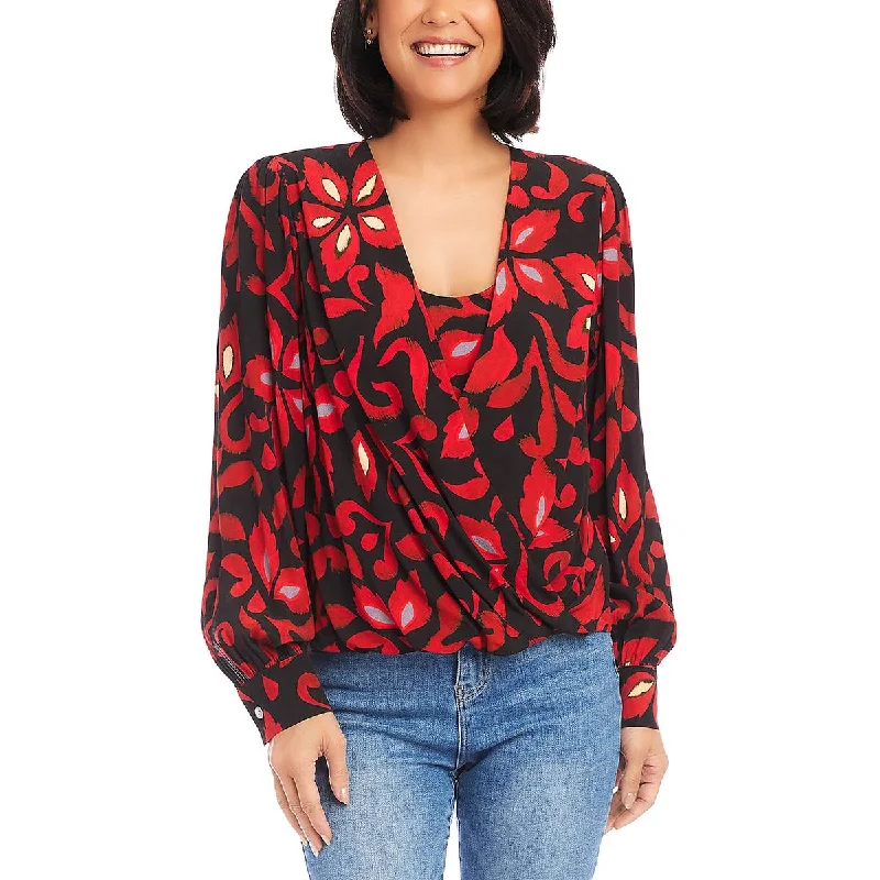 Karen Kane Womens Printed Surplice Blouse Delicate Bow Blouse