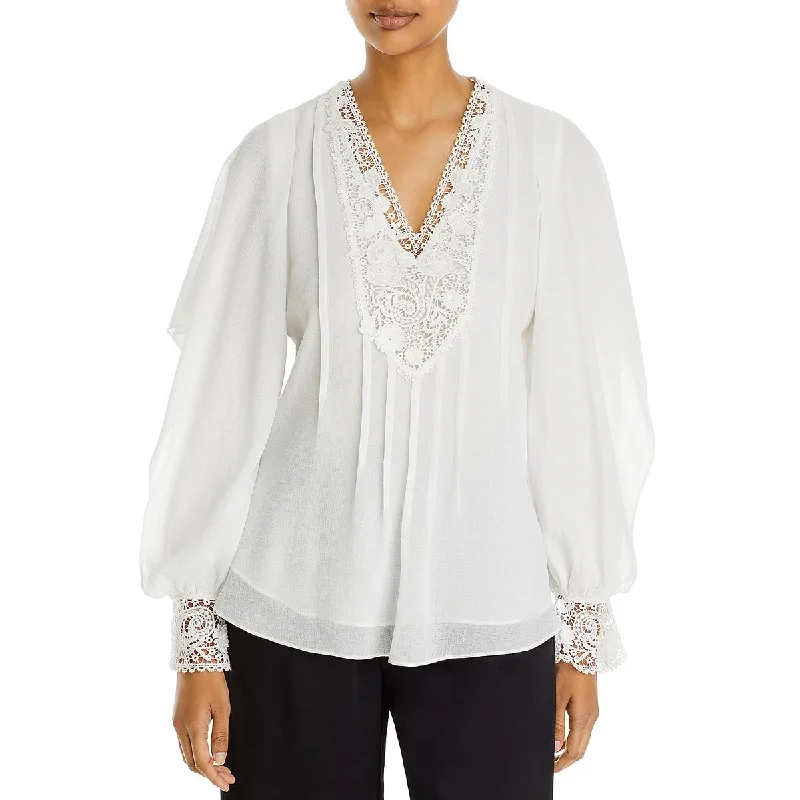 Kobi Halperin Womens Melanie Lace Trim V-Neck Blouse Elegant Embroidery Blouse