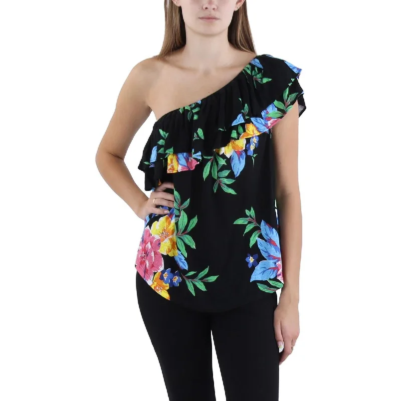 Lauren Ralph Lauren Womens Floral Print One Shoulder Blouse Soft Satin Blouse