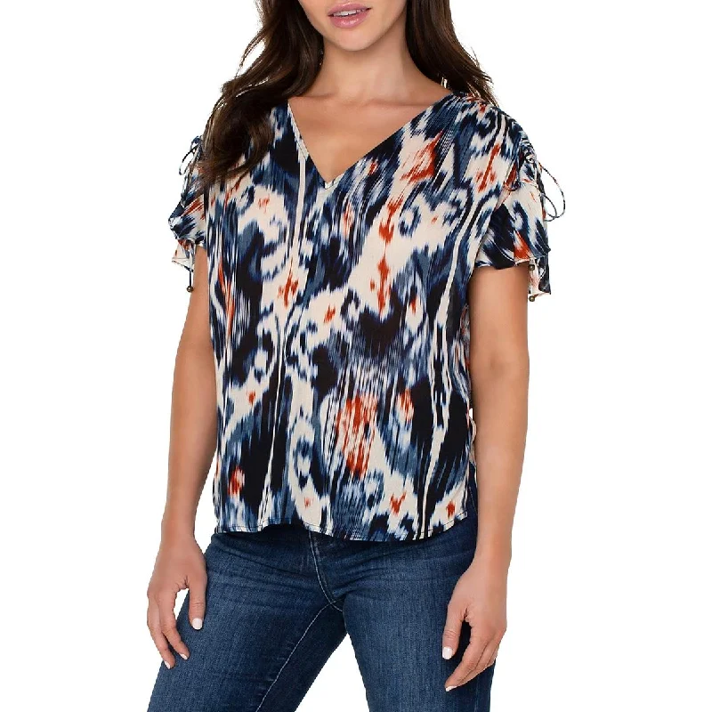 Liverpool Los Angeles Womens Printed Flutter Sleeve Blouse Semi-Sheer Blouse