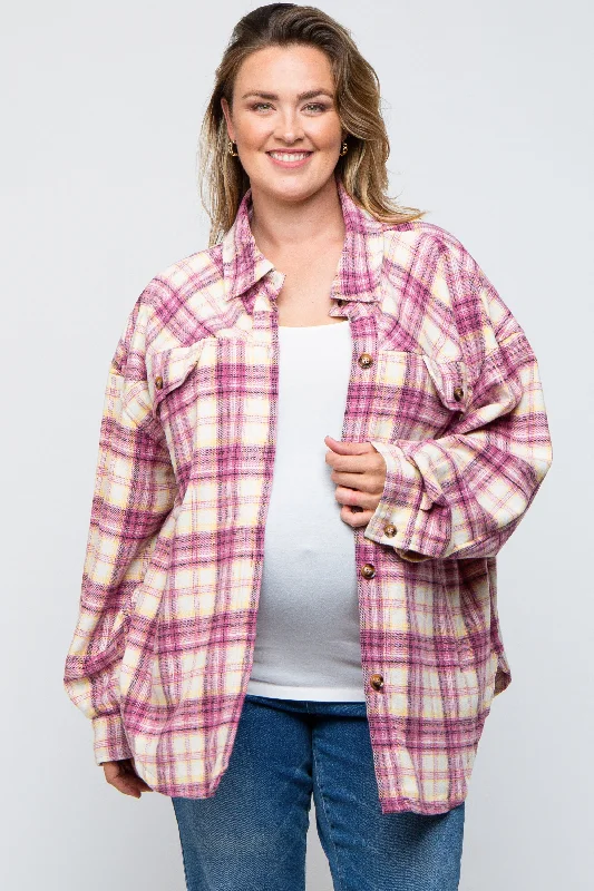 Magenta Flannel Plaid Button Up Maternity Plus Shacket Feminine Ruffle Blouse