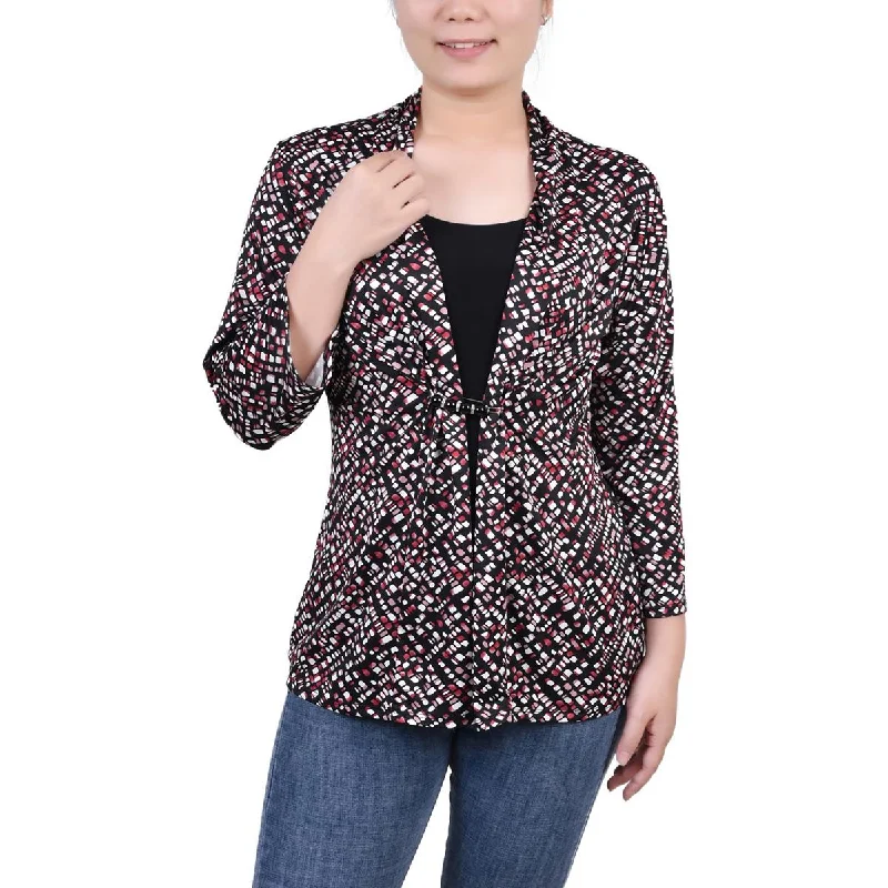 NY Collection Womens Petites Printed Three Quarter Sleeve Blouse Stretchy Fitted Blouse