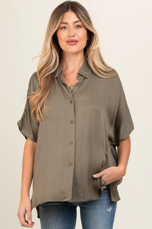 Olive Dolman Sleeve Button Down Maternity Blouse Ruched Sleeve Blouse