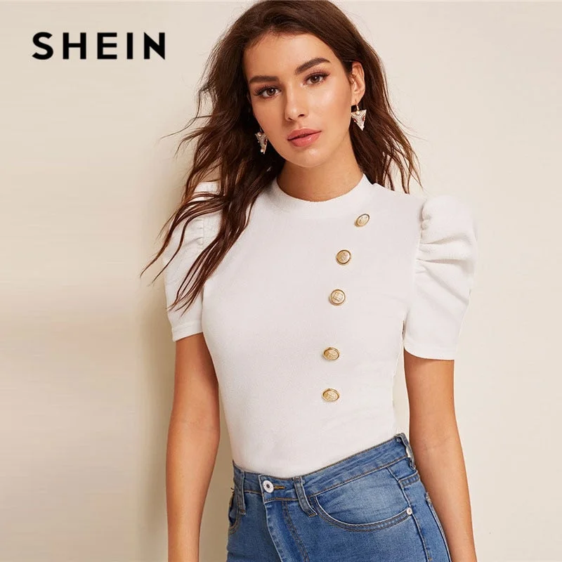 SHEIN Mock-Neck Puff Sleeve Button Front White Blouse Ladies Tops Summer Elegant Slim Fit Solid Short Sleeve Blouse Top Wrap Front Blouse