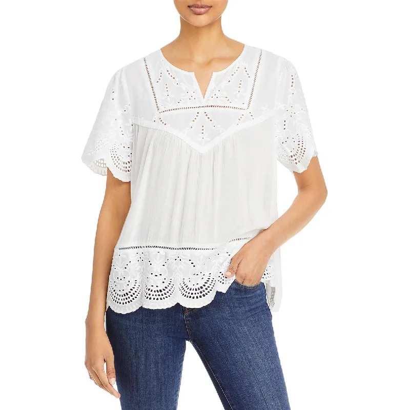 Single Thread Womens Eyelet Short Sleeve Blouse Gathered Detail Blouse