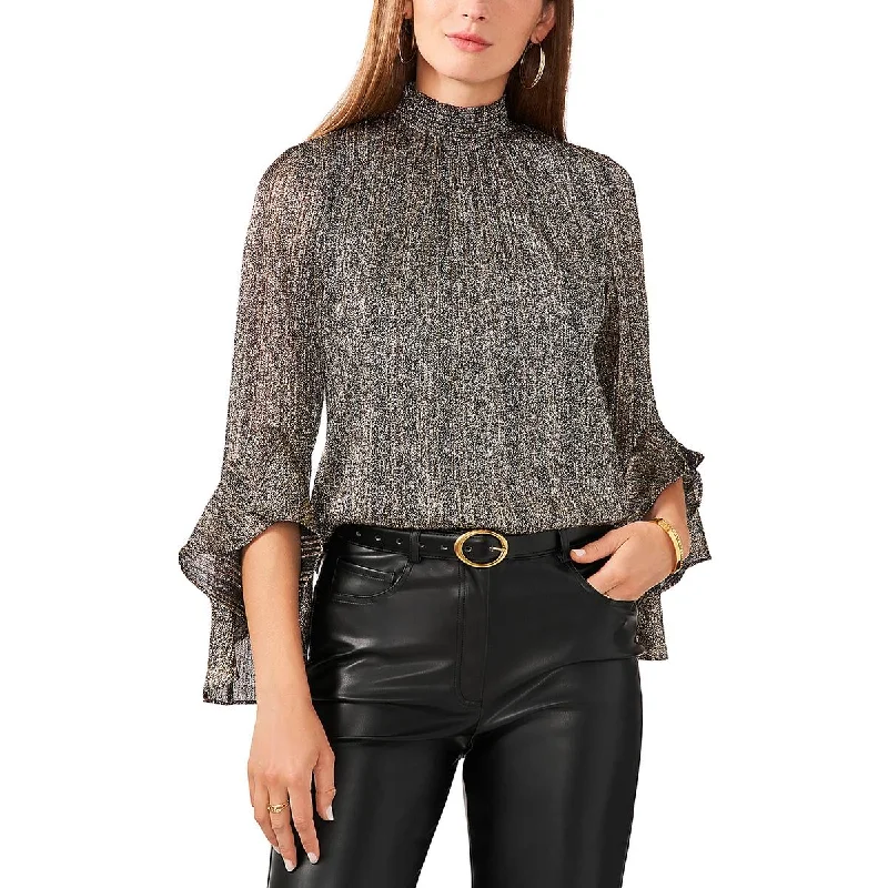 Vince Camuto Womens Metallic Mock Neck Blouse Feminine Satin Blouse