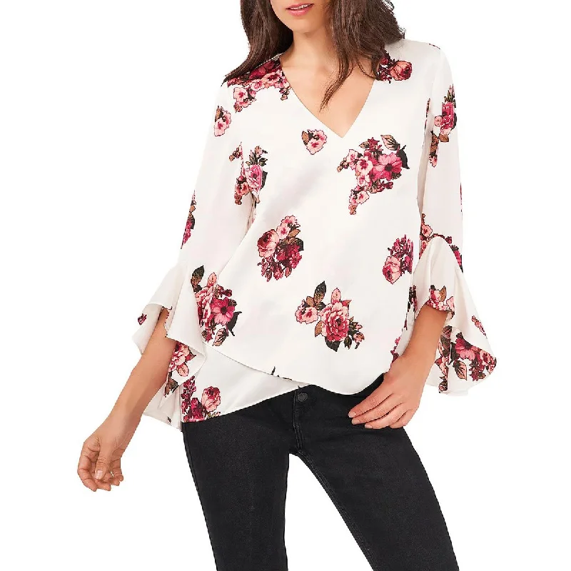 Vince Camuto Womens Victoria Floral Flutter Sleeve Blouse Slim Fit Blouse