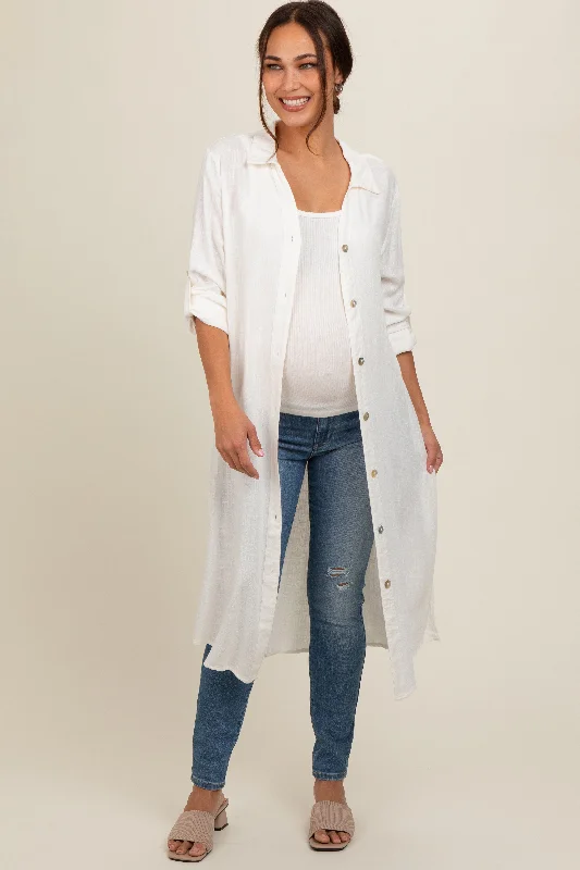 White Collared Button Down Long Maternity Blouse Elegant Semi-Sheer Blouse