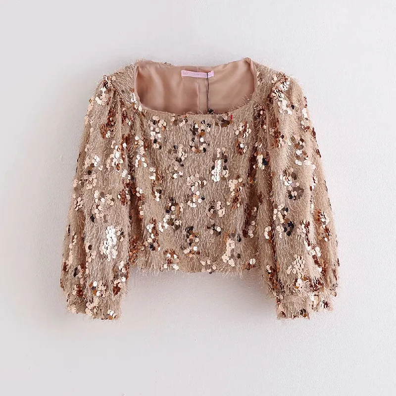 women high street sequins embroidery casual short blouses ladies patchwork chic lantern sleeve shirt tassel blusas tops LS4241 Chic Square Blouse