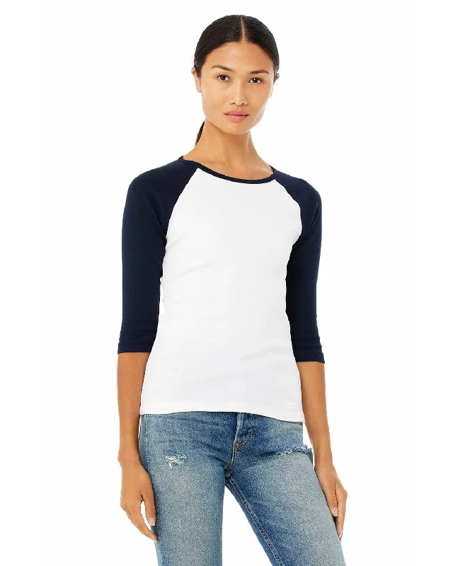 Bella+Canvas Ladies Baseball Tee | White/ Navy Mesh Canvas Denim