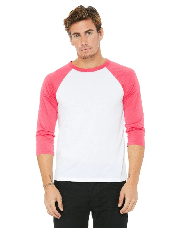 Bella+Canvas Unisex Triblend 3/4-Sleeve Baseball T-Shirt | White/ Neon Pink Fleece Fabric Down Fabric Feather Fabric