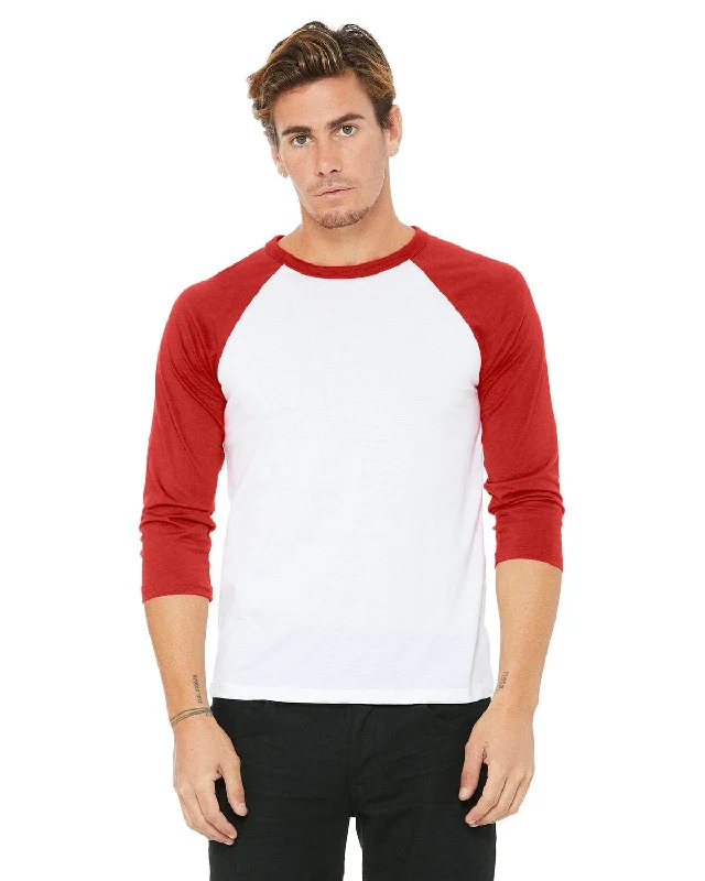 Bella+Canvas Unisex Triblend 3/4-Sleeve Baseball T-Shirt | White/ Red Ribbed Striped Patterned