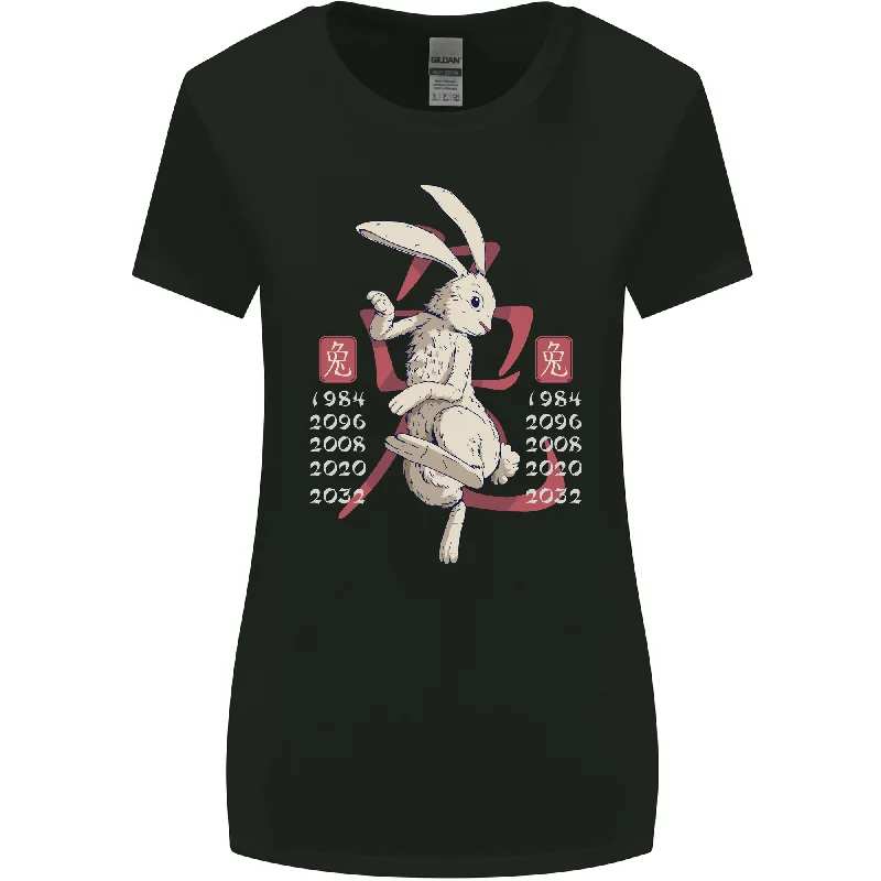 Chinese Zodiac Shengxiao Year of the Rabbit Womens Wider Cut T-Shirt Zippered Front Buttoned Front Snap Front