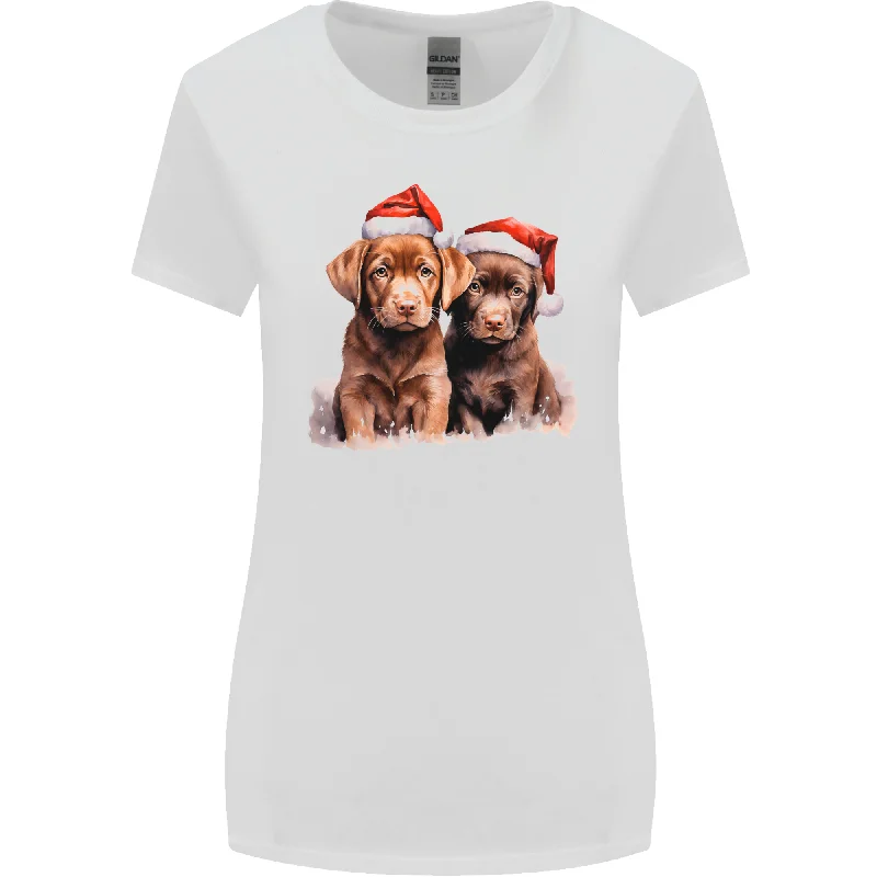 Chocolate Labrador Christmas Puppies Xmas Womens Wider Cut T-Shirt Handmade Hand-knitted Hand-woven