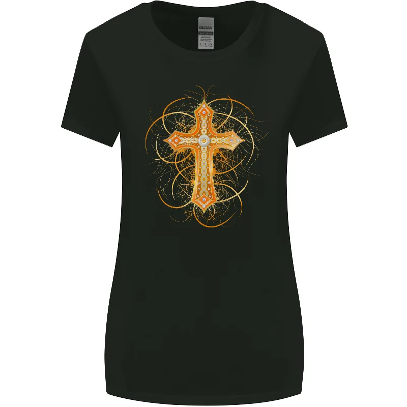 Christian Cross Medieval Fantasy Gothic Womens Wider Cut T-Shirt Print Jacquard Patchwork