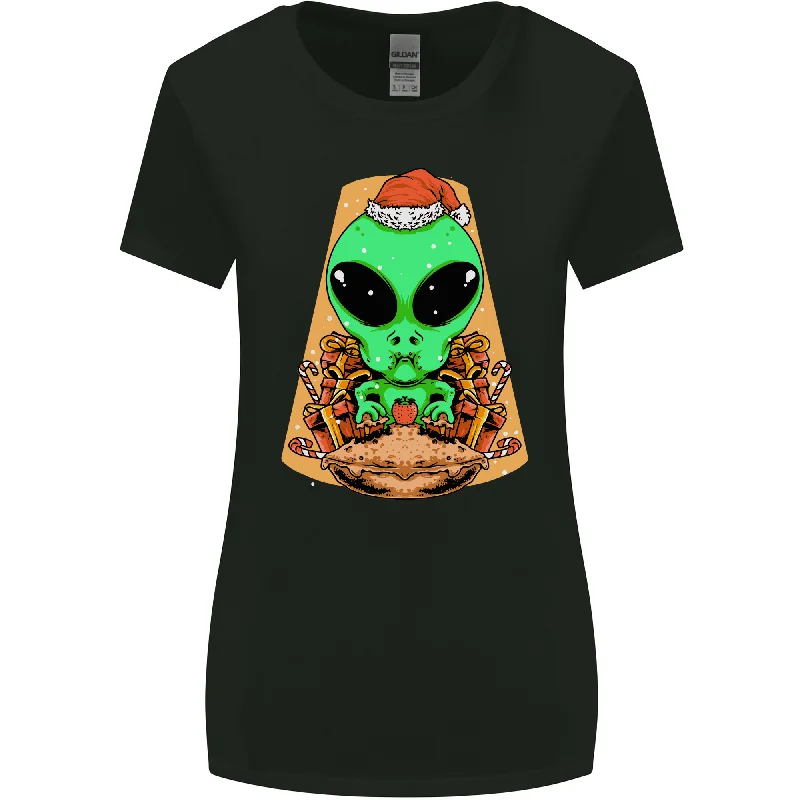 Christmas Alien UFO Santa Space Ship Funny Womens Wider Cut T-Shirt Embroidered Appliqued Beaded