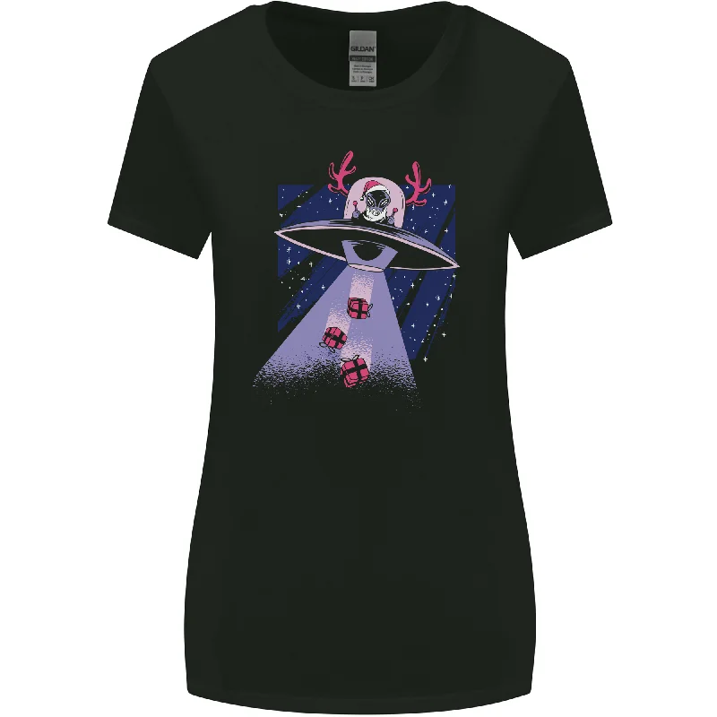 Christmas Alien Xmas Present Abduction UFO Funny Womens Wider Cut T-Shirt Satin Blend Silk Blend Wool Blend