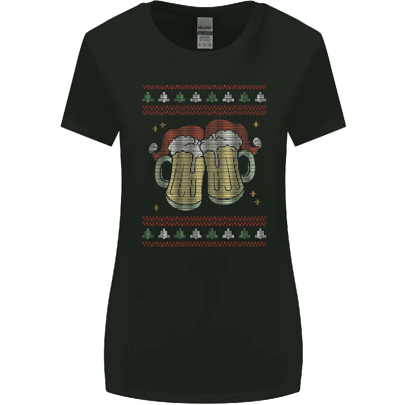 Christmas Beers Funny Xmas Alcohol Drunk Womens Wider Cut T-Shirt Striped Floral Plaid