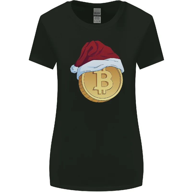 Christmas Bitcoin Wearing a Christmas Hat Crypto Womens Wider Cut T-Shirt Handmade Hand-knitted Hand-woven