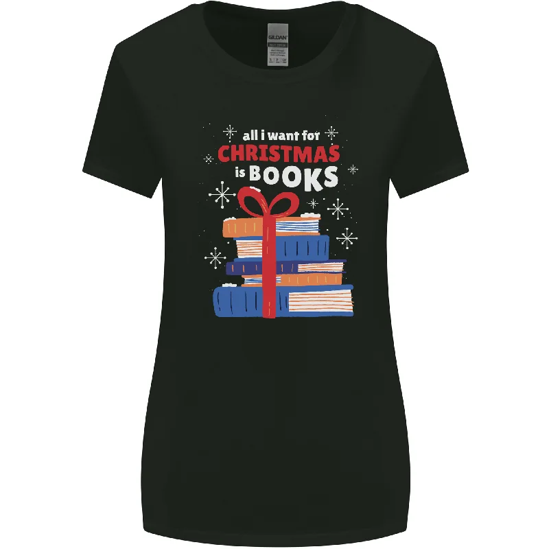 Christmas Books Funny Xmas Reading Bookworm Womens Wider Cut T-Shirt Mesh Blend Leather Blend Suede Blend