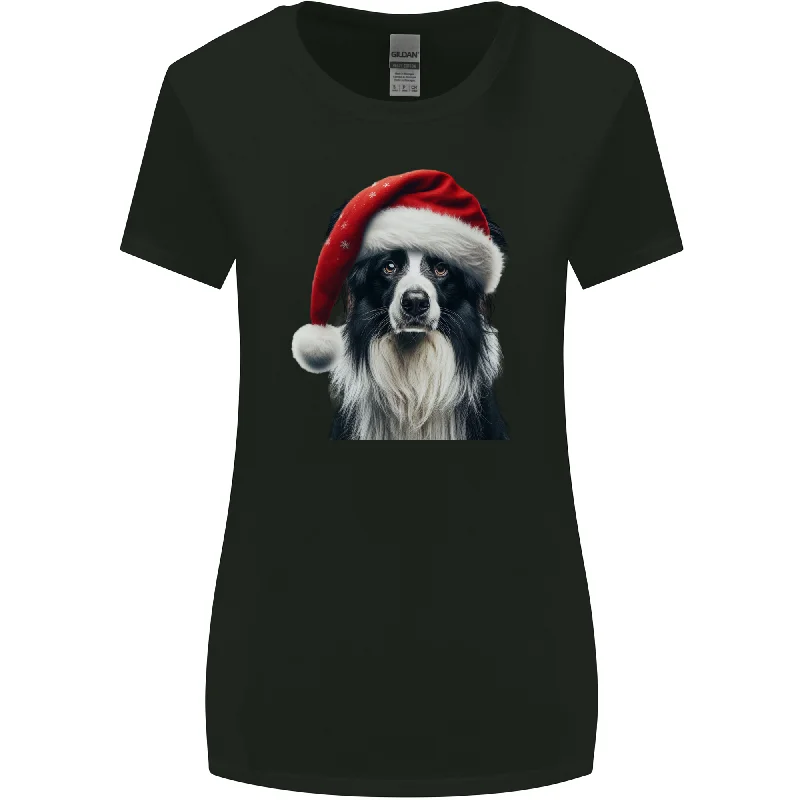 Christmas Border Collie Wearing an Xmas Hat Dog Womens Wider Cut T-Shirt Print Jacquard Patchwork