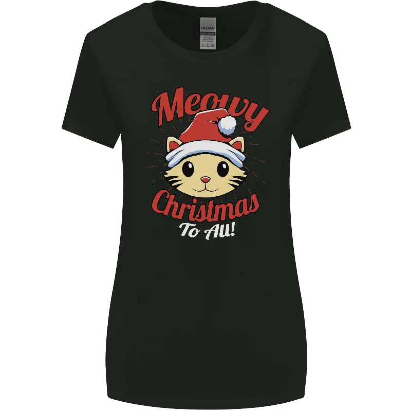 Christmas Cat Meowy Funny Christmas Womens Wider Cut T-Shirt Zippered Front Buttoned Front Snap Front