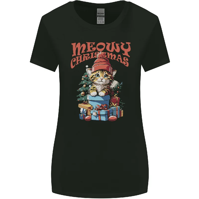 Christmas Cat Meowy Xmas Funny Womens Wider Cut T-Shirt Denim Fabric Leather Fabric Suede Fabric